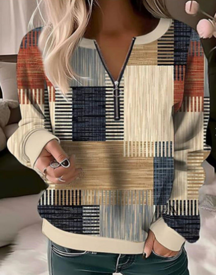 Damen nan gemütlicher Pullover mit kurzem Reißverschluss, grafischem Patchworkmuster, verlängerten Ärmelbündchen und geripptem Saum Echo Archiv