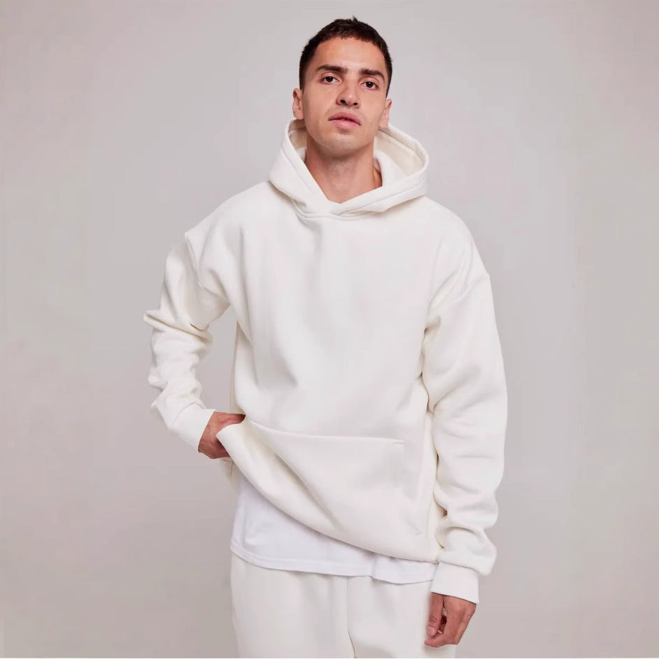 Herren schwerer Fleece-Boxy-Hoodie mit tiefem Schulterfall verstärkter Kapuze und Kängurutasche – Cavarno