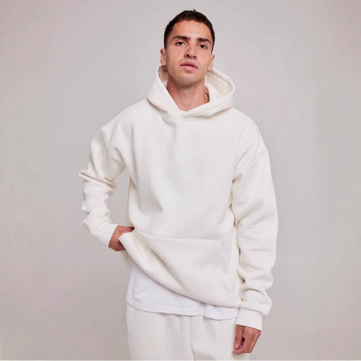 Herren schwerer Fleece-Boxy-Hoodie mit tiefem Schulterfall verstärkter Kapuze und Kängurutasche – Cavarno