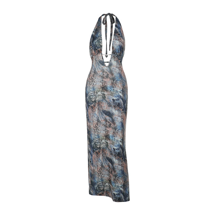 Damen elegantes Maxikleid mit tiefem V-Ausschnitt und verspieltem Halterdesign Echo Archiv