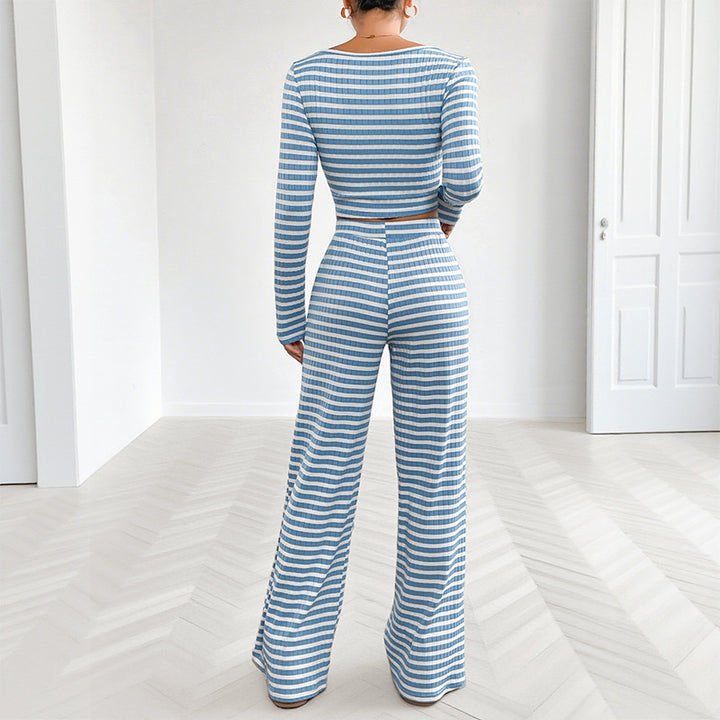 Damen Freizeitliches Zweiteiliges Set mit gestreiftem Oberteil und weitem Hose Echo Archiv