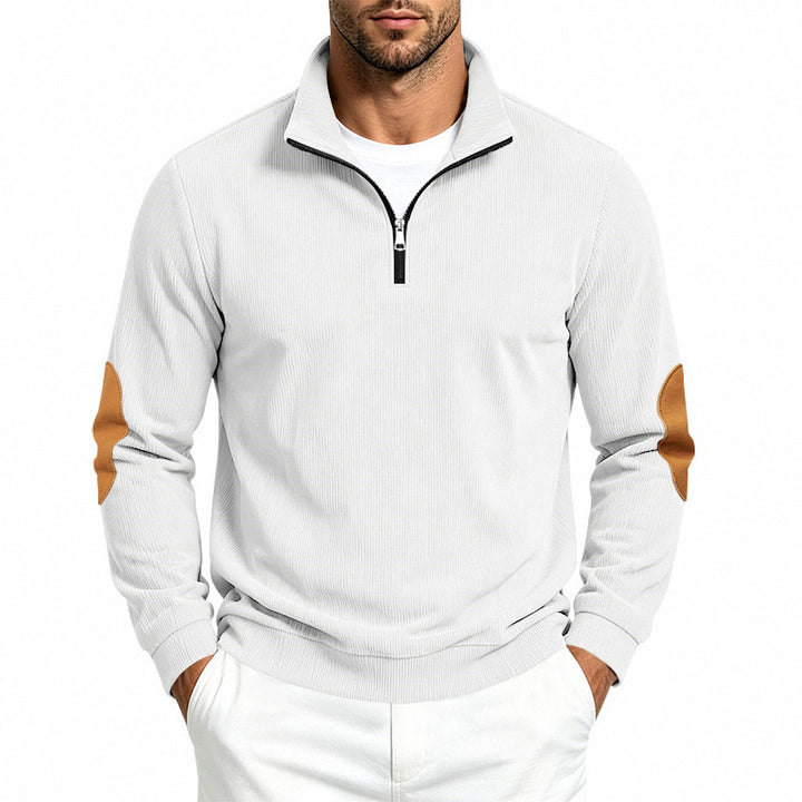 Herren Feinstrick-Halbzip-Pullover mit Cordstruktur und Kontrast-Ellbogenpatch Echoarchiv