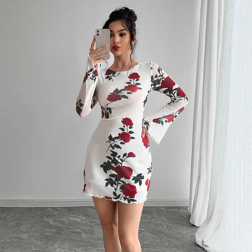 Damen nan figurbetontes Minikleid mit Rosenmuster und Trompetenärmeln Echo Archiv