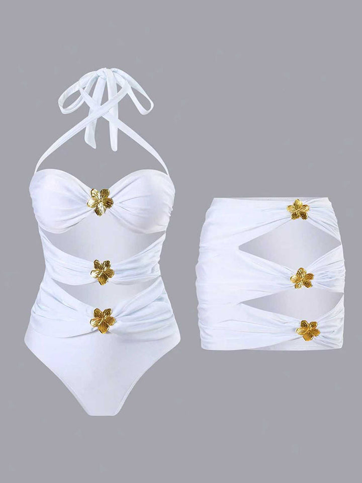Damen Designer Badeanzug mit elegantem Wickeldesign und goldenen Akzenten Echo Archiv