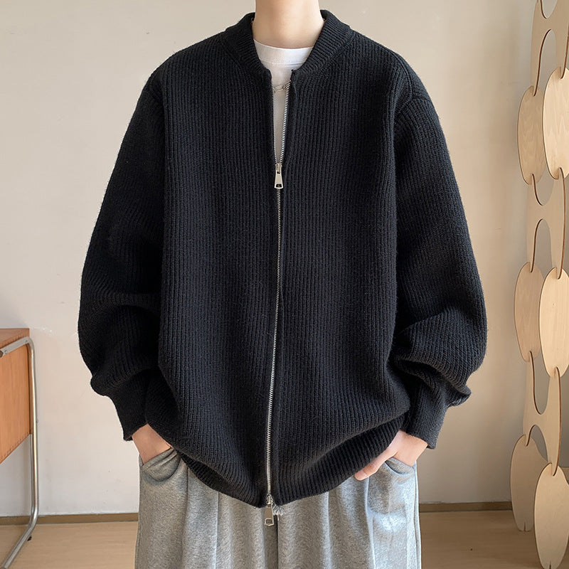 Unisex Oversize-Rippstrick-Cardigan mit Zwei-Wege-Reißverschluss und minimalem Stehkragen Echoarchiv