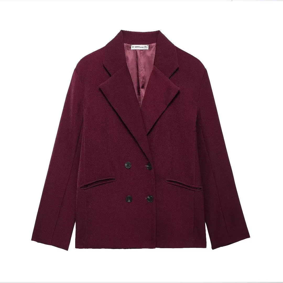 Damen kastiger Doppelreiher Blazerjacke mit überschnittener Schulter, Reverskragen und gefütterten Innennähten – Valéne
