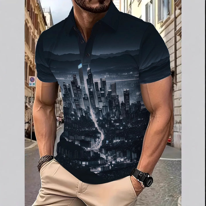 Herren Polohemd mit kreativem Hochhausmotiv Echoarchiv
