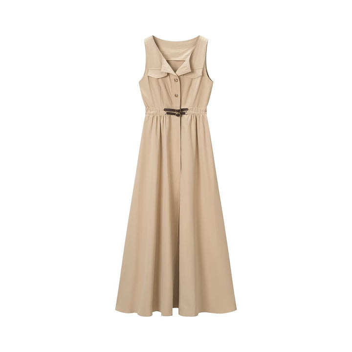 Damen Ärmelloses Hemdblusenkleid mit weitem A‑Linien‑Rock und Ziergürtel Echoarchiv