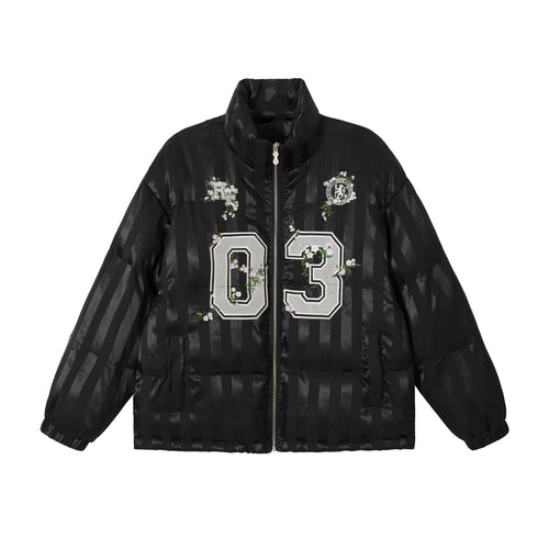 Damen Boxy gesteppte Satin‑Pufferjacke mit floralem Stickdetail Echoarchiv
