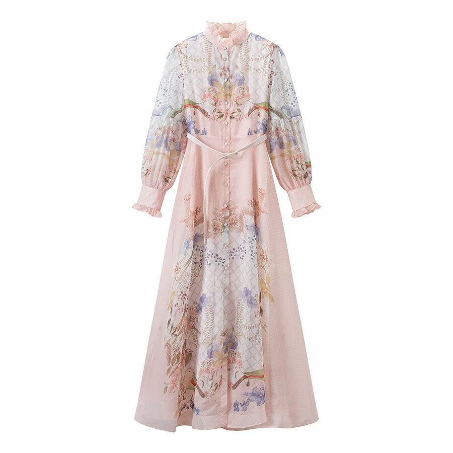 Damen Maxikleid mit Rüschenkragen, transparentem Chiffon-Overlay und taillierter Knopfleiste Echoarchiv