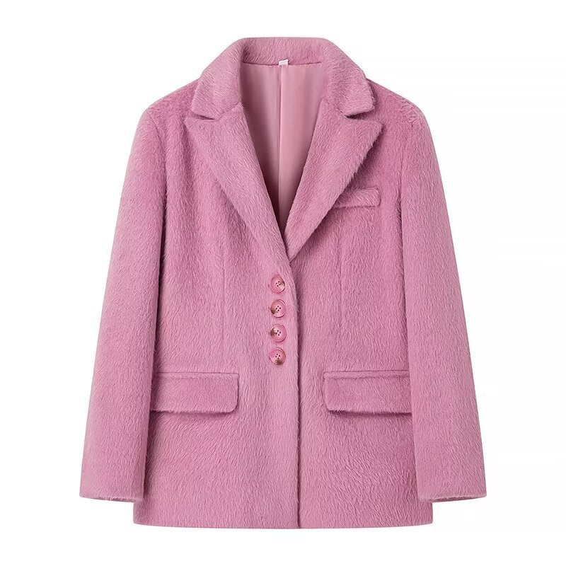 Damen taillierter Kurzmantel-Blazer in Teddyoptik mit Reverskragen und Pattentaschen – Montévia
