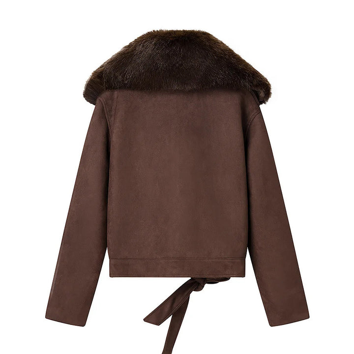 Damen nan kurze Veloursoptik-Jacke mit breitem Teddykragen und Bindegürtel Echo Archiv