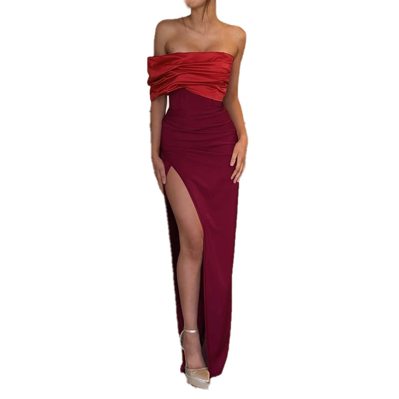Damen schulterfreies Abendkleid mit elegantem Drapierungseffekt und hohem Schlitz Echo Archiv