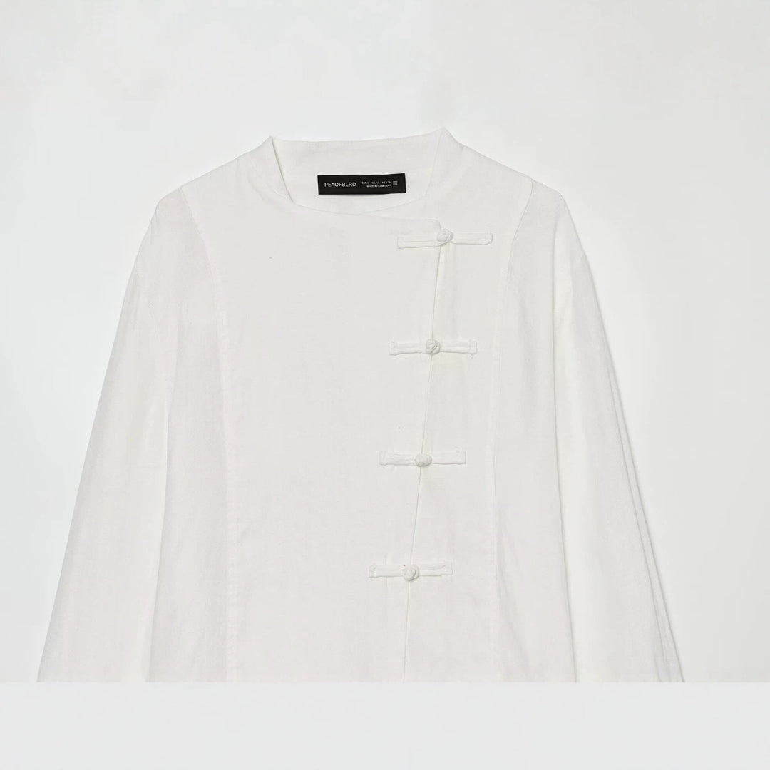 Damen Oversize Leinenbluse mit Stehkragen und chinesischen Knotenknöpfen Echo Archiv
