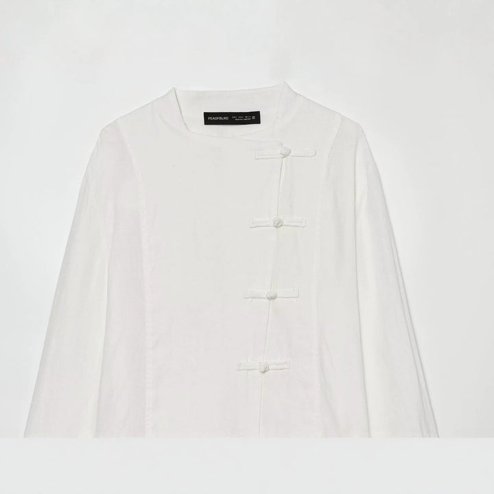 Damen Oversize Leinenbluse mit Stehkragen und chinesischen Knotenknöpfen Echo Archiv