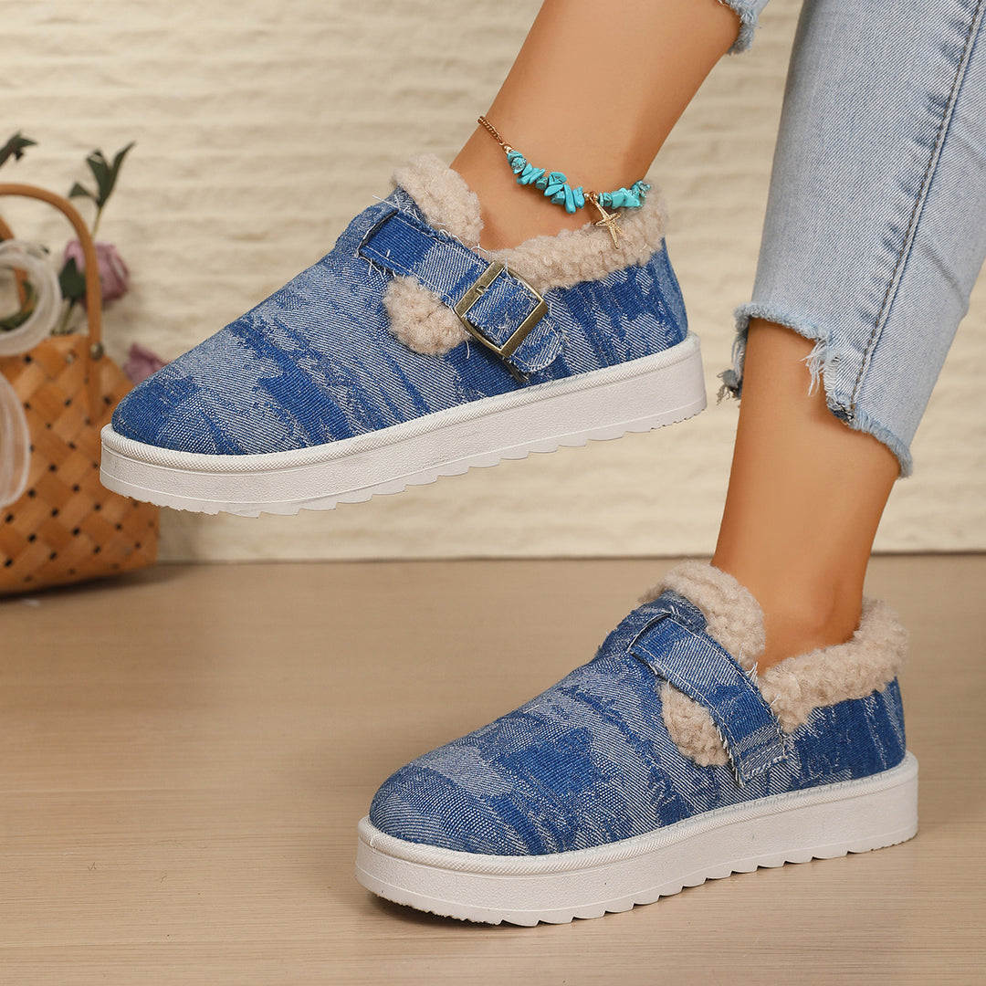 Damen Gefütterte Denim-Slip-On Hausschuhe mit Teddyfutter und verstellbarem Schnallenriemen Echo Archiv