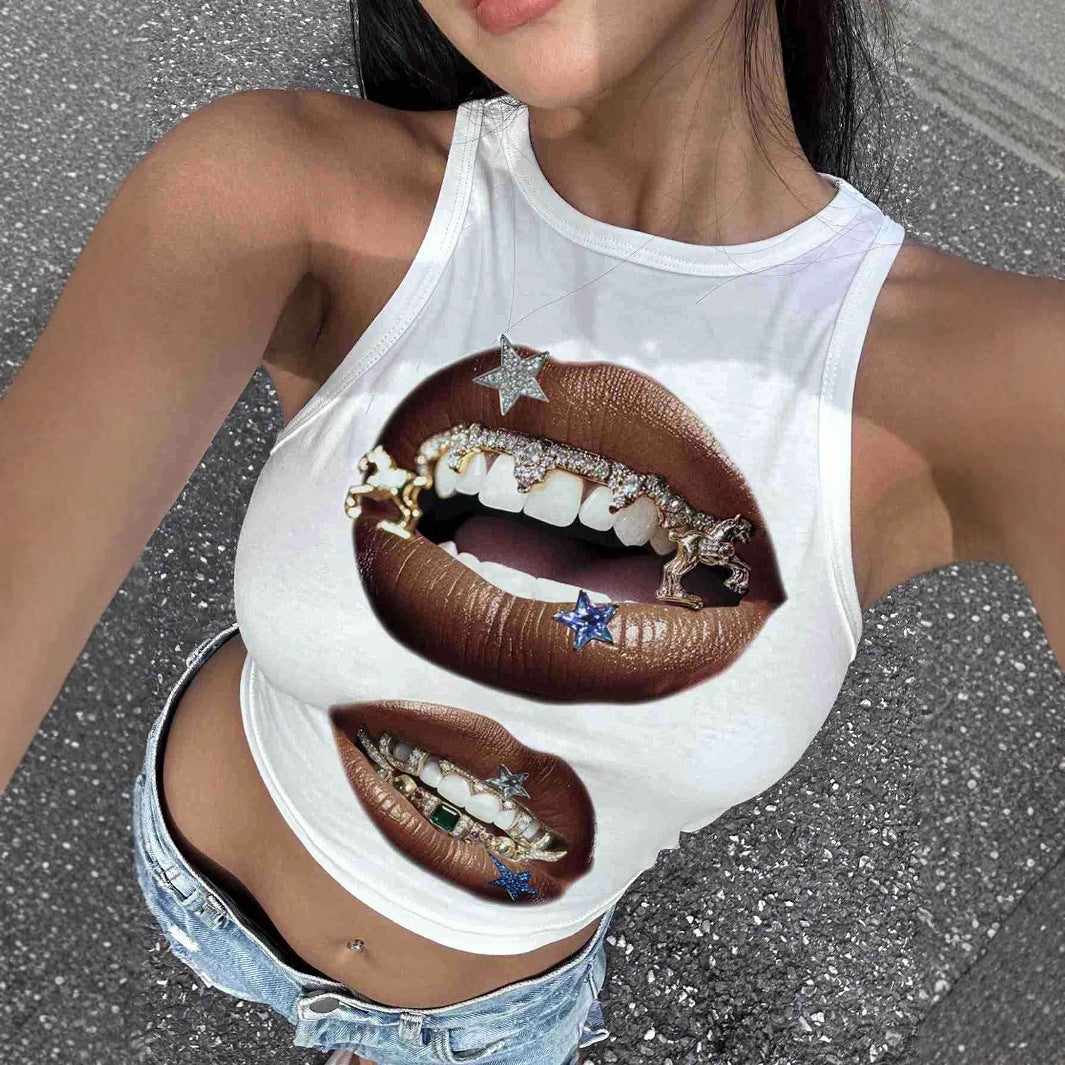Damen Tanktop mit künstlerischem Lippenmotiv und figurbetontem Schnitt Echo Archiv