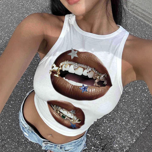 Damen Tanktop mit künstlerischem Lippenmotiv und figurbetontem Schnitt Echo Archiv