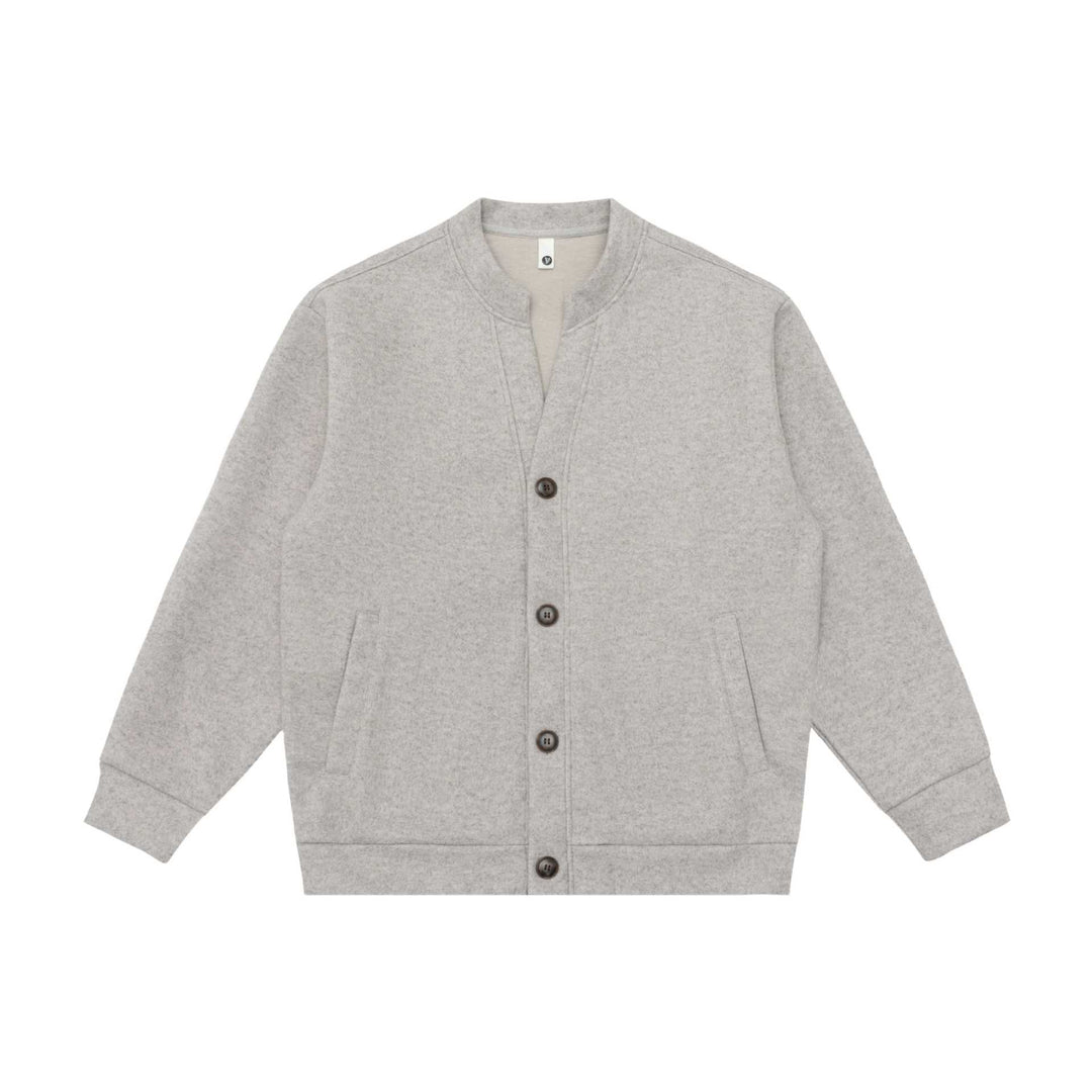 Unisex Kurzgeschnittene Strickjacke im Boxy‑Bomberstil mit Stehkragen und Knopfleiste Echoarchiv