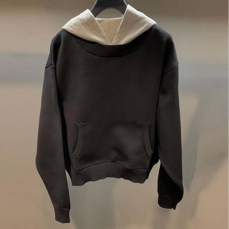 Unisex Grobgestricktes Lagenlook-Sweatshirt mit Kontrastkapuze und Kängurutasche Echoarchiv