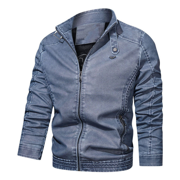 Herren Jeansjacke im Vintage‑Army‑Look mit Stehkragen, Ziersteppungen und Ärmelfalten – Denvaro