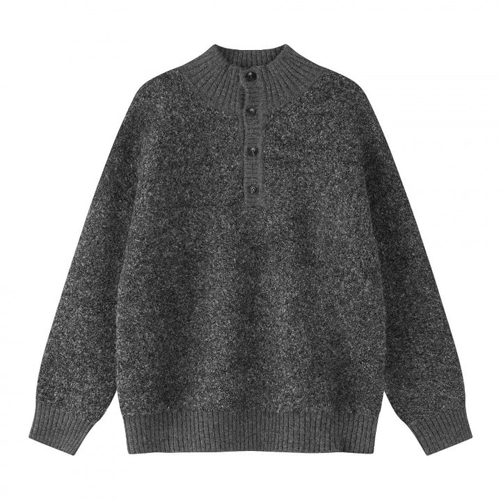 Unisex Boxy-Strickpullover mit Henley-Knopfleiste und hochgezogenem Rippkragen Echo Archiv