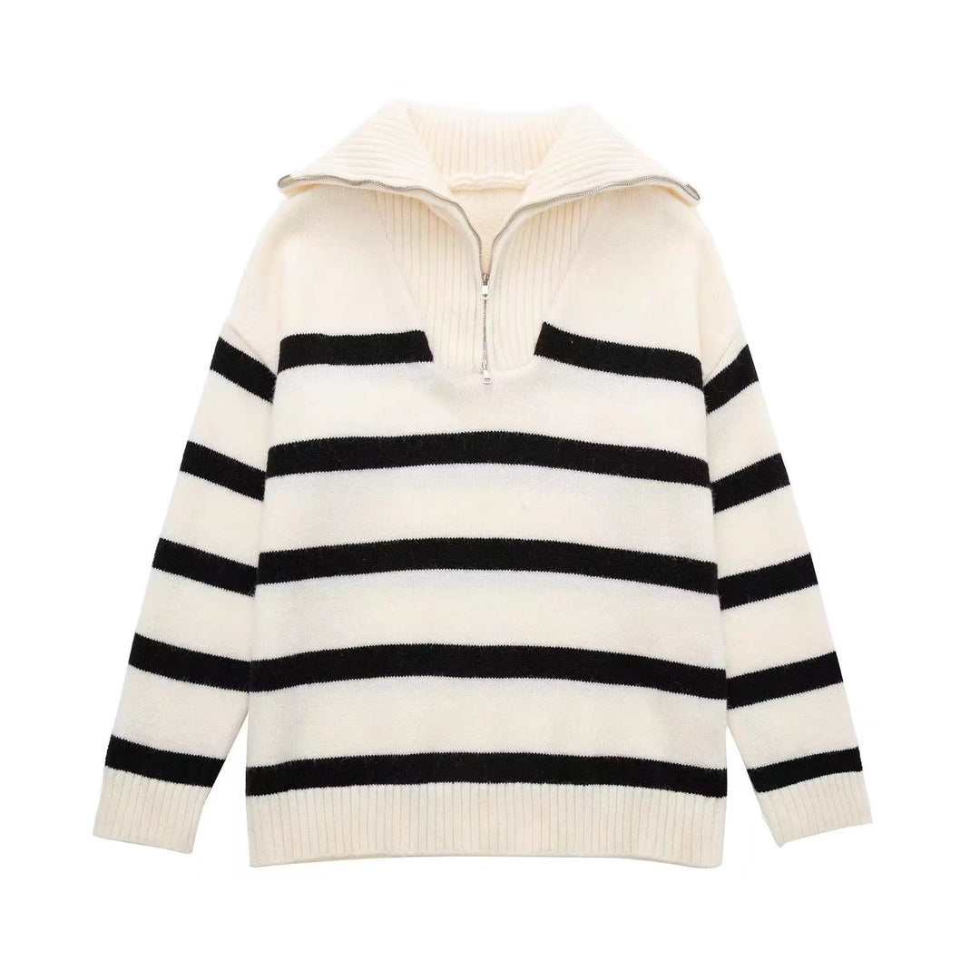 Damen Gestreifter Halb-Reißverschluss Strickpullover mit Rippenkragen – Mavelle