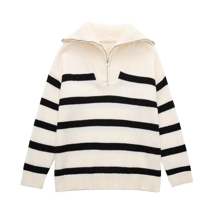 Damen Gestreifter Halb-Reißverschluss Strickpullover mit Rippenkragen – Mavelle