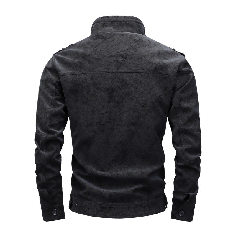 Herren Utility-Lederimitatjacke mit Stehkragen, Schulterklappen und multiplen Brusttaschen Echoarchiv
