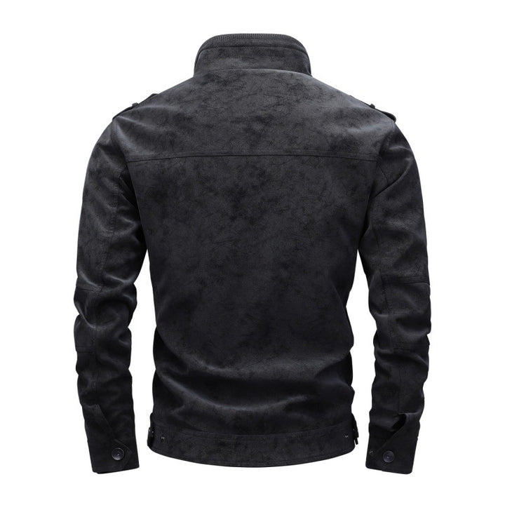 Herren Utility-Lederimitatjacke mit Stehkragen, Schulterklappen und multiplen Brusttaschen Echoarchiv