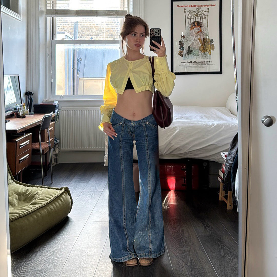 Damen Weite Jeanshose im Retro-Stil mit hohen Bund Echo Archiv