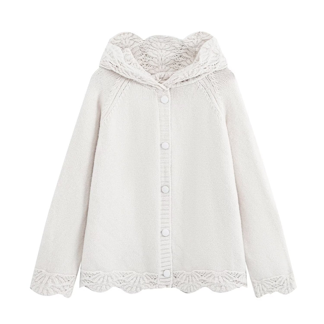 Damen Feinstrick-Cardigan mit Kapuze, Knopfleiste und gehäkelter Borte Echoarchiv