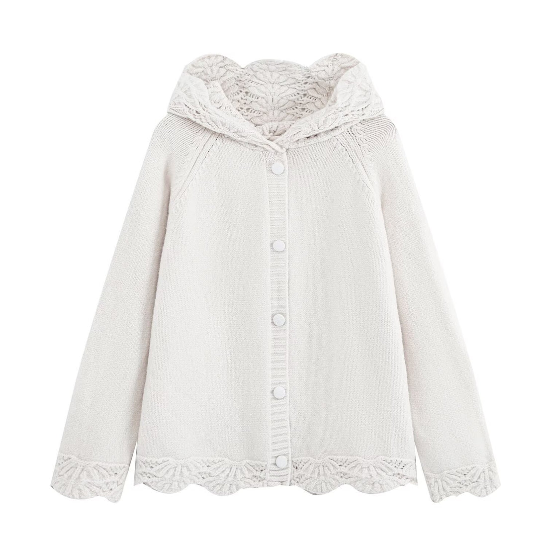 Damen Feinstrick-Cardigan mit Kapuze, Knopfleiste und gehäkelter Borte Echoarchiv