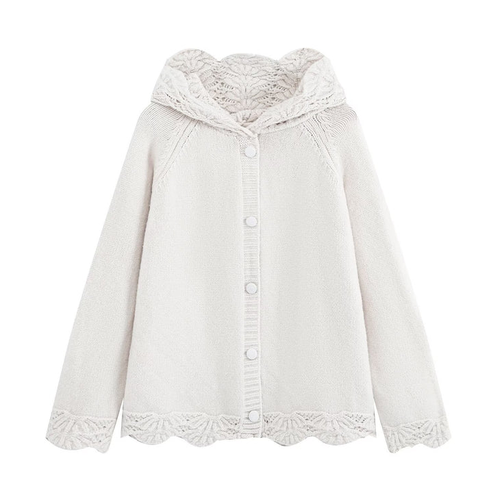 Damen Feinstrick-Cardigan mit Kapuze, Knopfleiste und gehäkelter Borte Echoarchiv