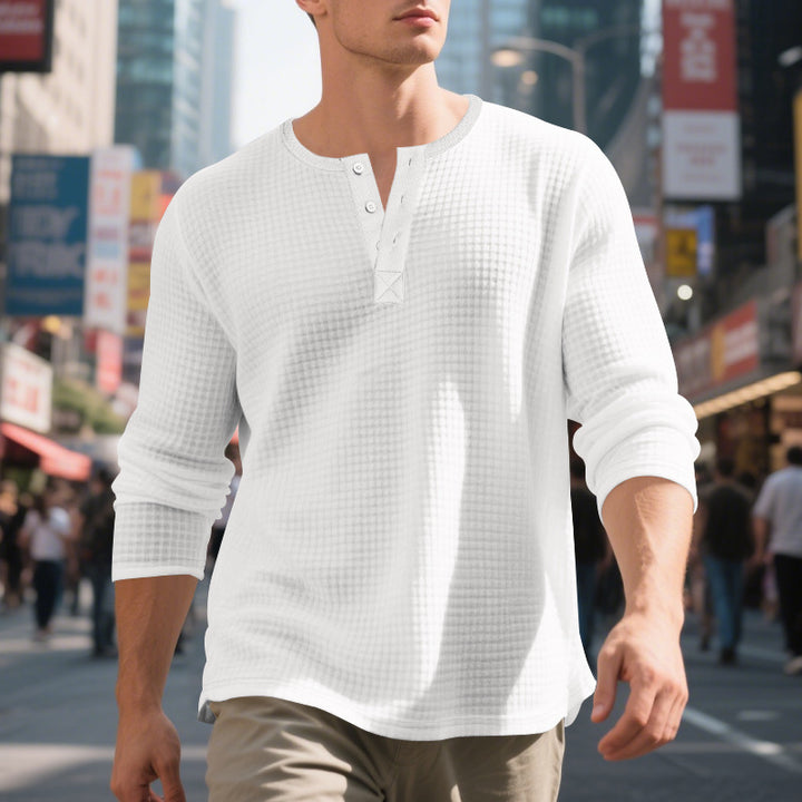 Herren nan thermoregulierendes Waffel-Thermalshirt mit Kurzknopfleiste und gerundetem Saum Echo Archiv