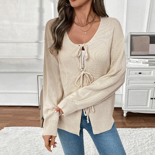 Damen Lässiger Strickpullover mit dreifacher Schnürfront, Rundhalsausschnitt und Oversize-Silhouette Echoarchiv