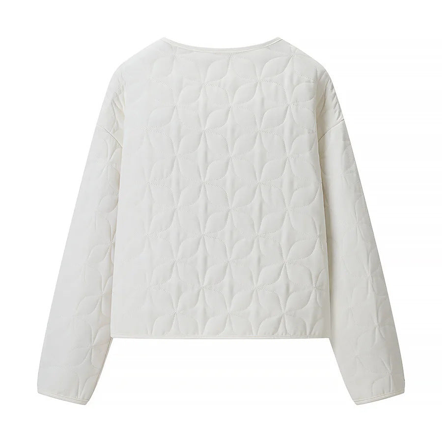 Damen gesteppte Boxy-Übergangsjacke mit floraler Steppstruktur, leicht wattiertem Innenfutter und Druckknopfleiste – Célinea