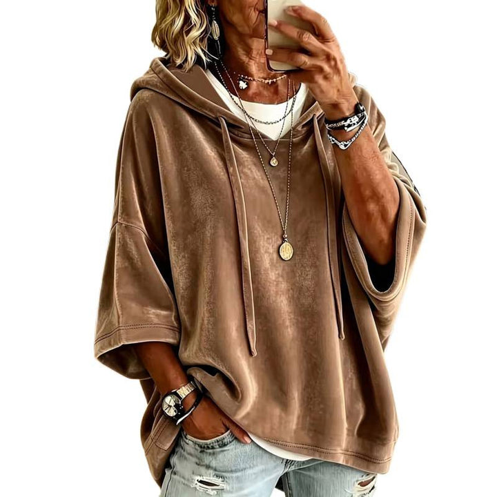 Damen Luxuriöser Samt-Hoodie mit Kimono-Kurzärmeln und Tunnelzug Echoarchiv