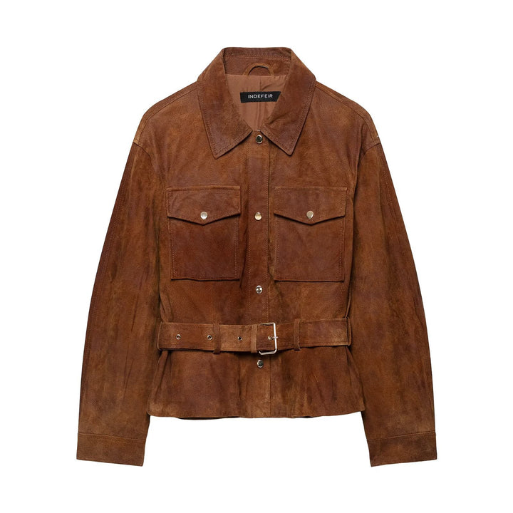 Damen Kurzjacke im Safari‑Stil aus Veloursleder mit Taillengürtel und aufgesetzten Brusttaschen Echoarchiv