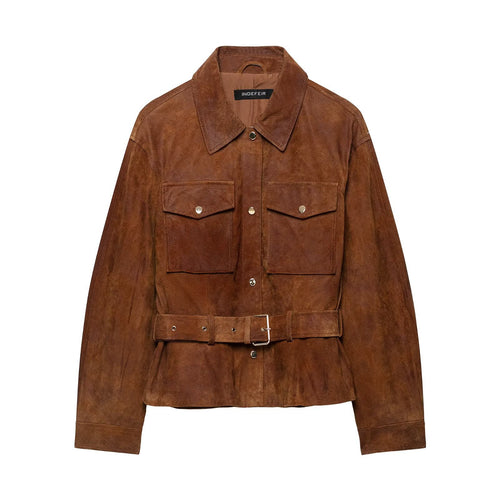 Damen Kurzjacke im Safari‑Stil aus Veloursleder mit Taillengürtel und aufgesetzten Brusttaschen Echoarchiv