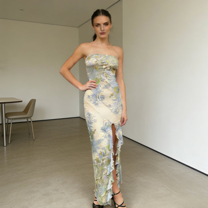 Damen Strapless Maxikleid mit Rüschen und floralem Muster Echo Archiv
