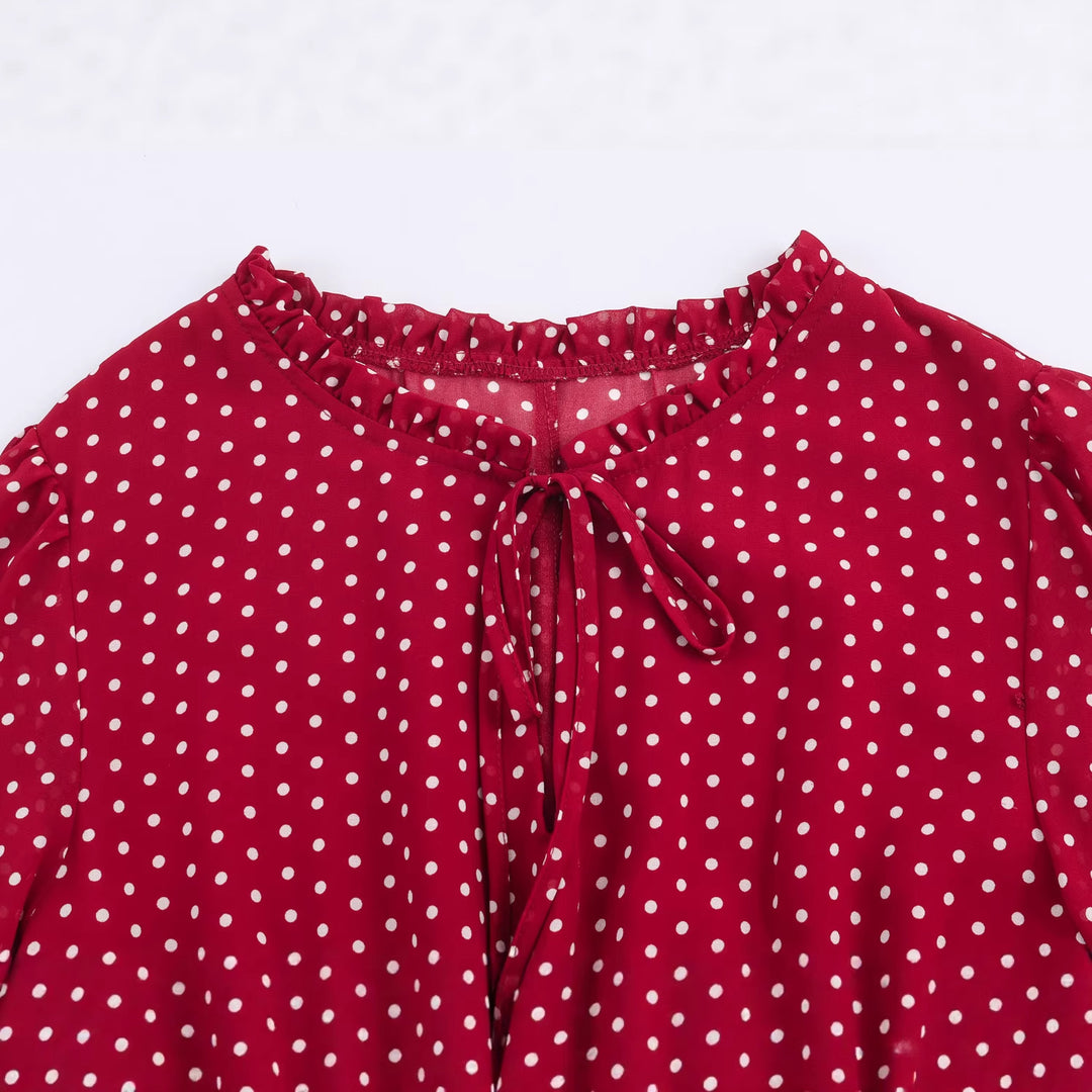 Damen Midikleid mit Smok-Taillenband, Rüschenkragen und Ballonärmeln – Élara