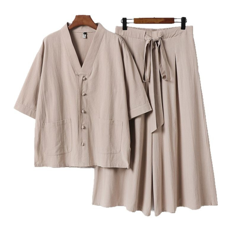 Damen Zweiteiliges Kimono-Lounge-Set mit Kurzarm-Knopfjacke, aufgesetzten Taschen und weiten Palazzo-Hosen Echoarchiv
