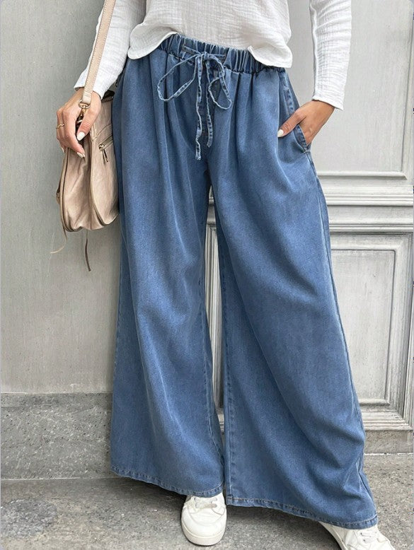 Damen Relaxte Palazzohose aus Denim mit Tunnelzugbund, Eingrifftaschen und extra weitem Bein Echo Archiv