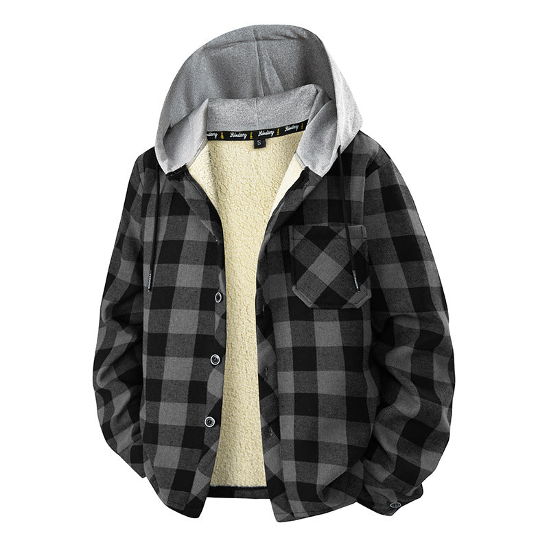 Herren kariertes Sherpa-futteriertes Overshirt mit Kapuze, Brusttasche und Druckknopfverschluss – Taviero