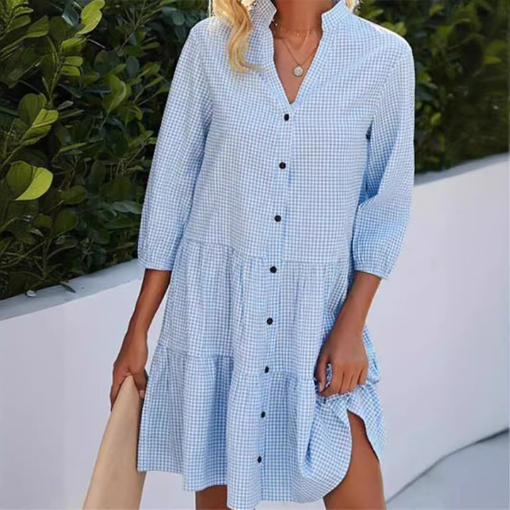 Damen Hemdkleid im Vichy-Karo mit Stehkragen und gestuftem Rock – Lunéa