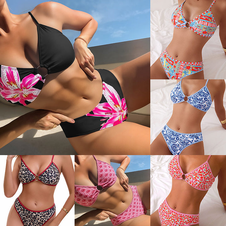 Damen Triangel-Bikini mit buntem Fruchtmotiv und dekorativem Schlüsselring Echo Archiv