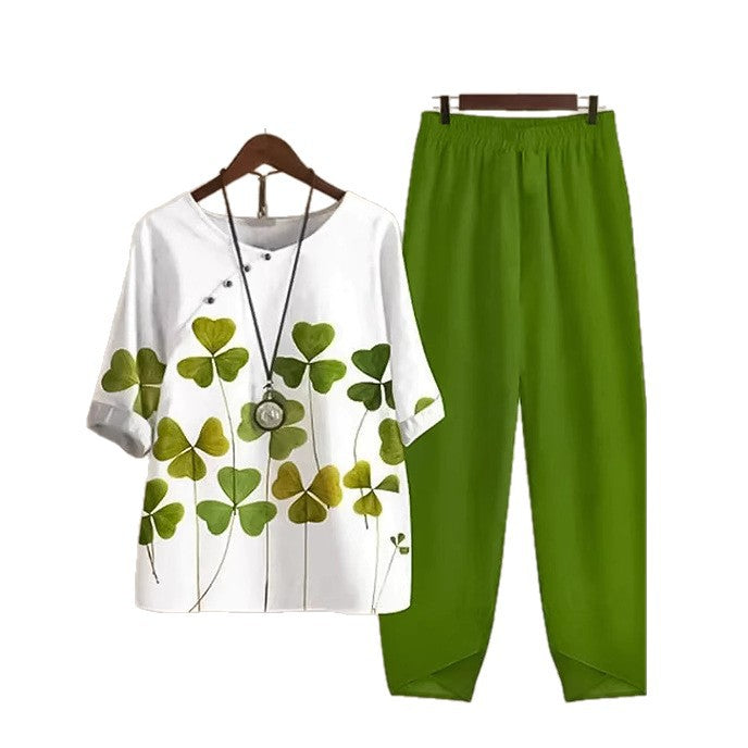 Damen nan zweiteiliges Casual-Ensemble mit Kleeblattprint-Tunika und elastischer Komfortbund-Hose Echo Archiv