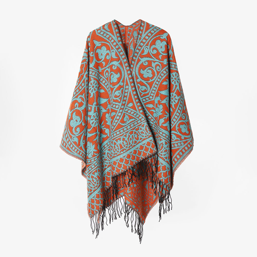 Damen Grobgewebter Rechteck‑Poncho mit orientalischem Medaillon‑Jacquard und dekorativem Fransensaum – Avérine
