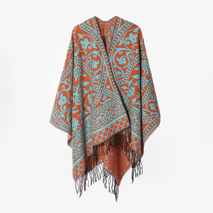 Damen Grobgewebter Rechteck‑Poncho mit orientalischem Medaillon‑Jacquard und dekorativem Fransensaum – Avérine